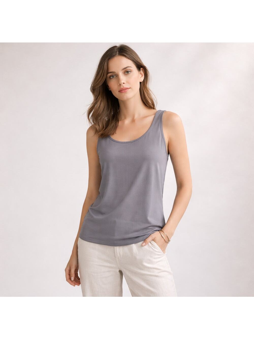 Eileen Fisher Tank Top Womens SP Petite Gray 100% Silk Jersey Shell Minimalist